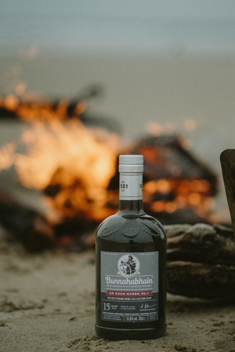 Bunnahabhain Cuan Garbh No.1 with a fire in the background